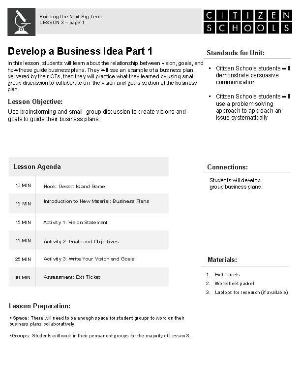 Building the Next Big Tech LESSON 3 – page 1 Develop a Business Idea