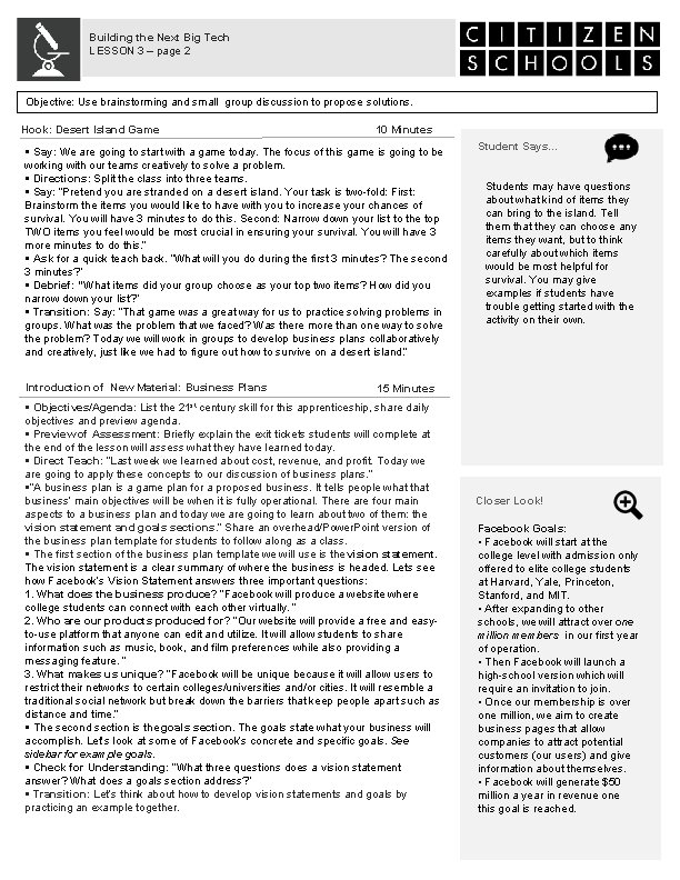 Building the Next Big Tech LESSON 3 – page 2 Objective: Use brainstorming and