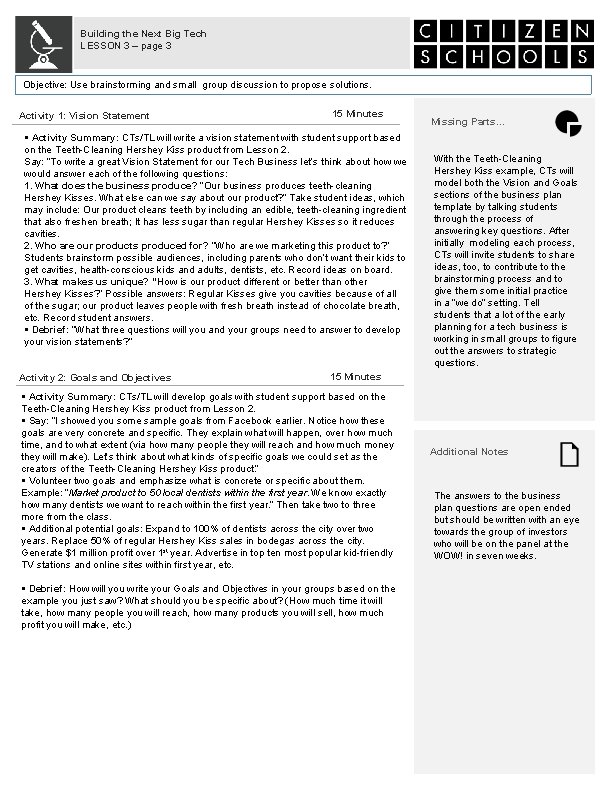 Building the Next Big Tech LESSON 3 – page 3 Objective: Use brainstorming and
