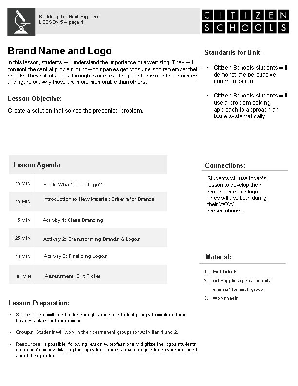 Building the Next Big Tech LESSON 5 – page 1 Brand Name and Logo