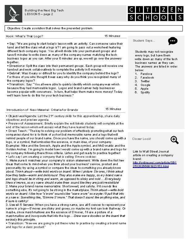 Building the Next Big Tech LESSON 5 – page 2 Objective: Create a solution