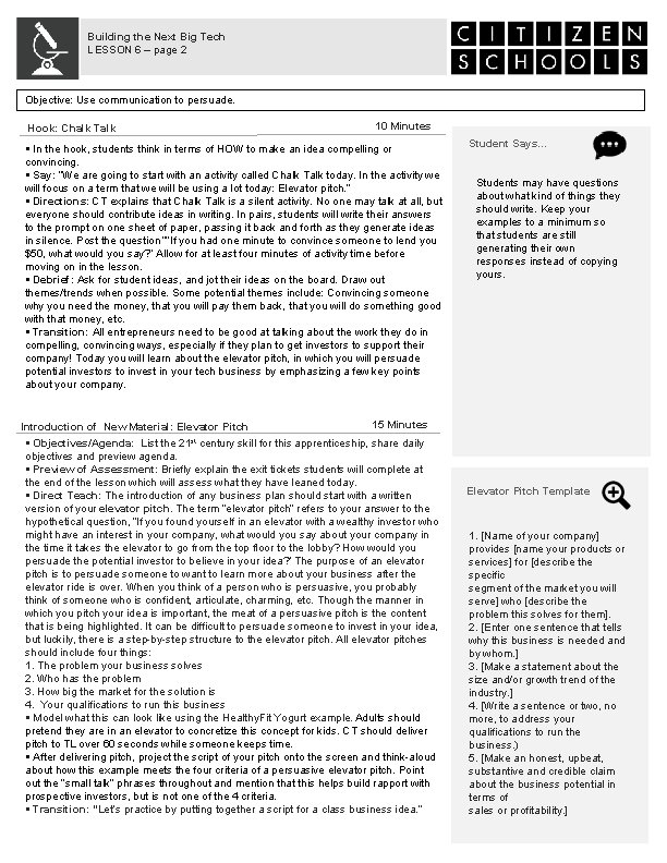 Building the Next Big Tech LESSON 6 – page 2 Objective: Use communication to