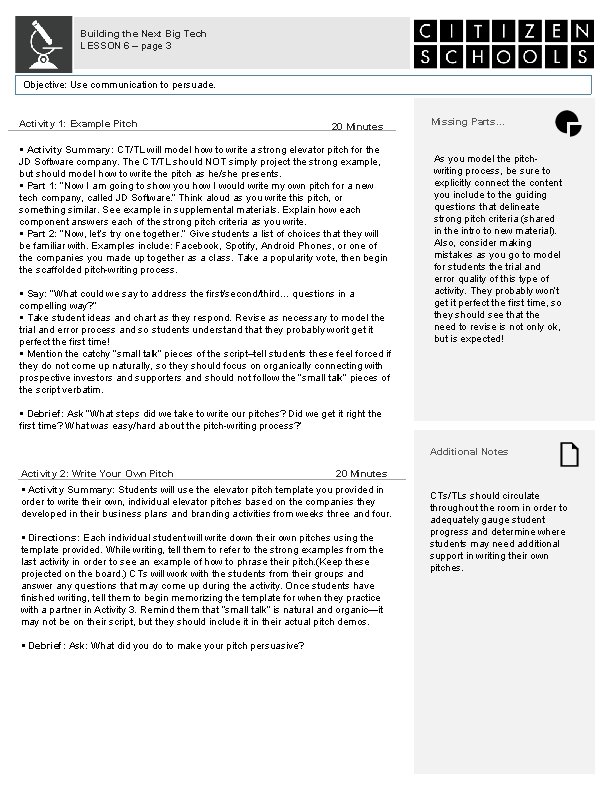 Building the Next Big Tech LESSON 6 – page 3 Objective: Use communication to