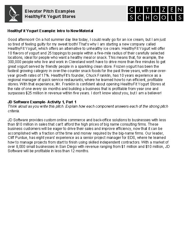 Elevator Pitch Examples Healthy. Fit Yogurt Stores Healthy. Fit Yogurt Example: Intro to New