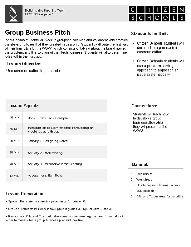 Building the Next Big Tech LESSON 7 – page 1 Group Business Pitch In