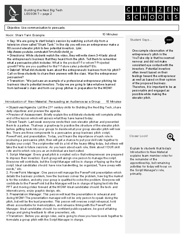 Building the Next Big Tech LESSON 7 – page 2 Objective: Use communication to