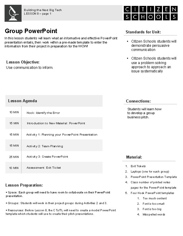 Building the Next Big Tech LESSON 8 – page 1 Group Power. Point In