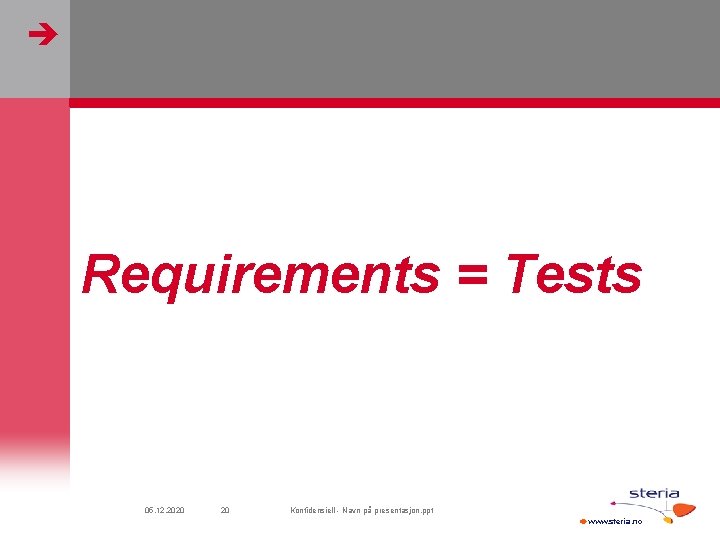  Requirements = Tests 05. 12. 2020 20 Konfidensiell - Navn på presentasjon. ppt