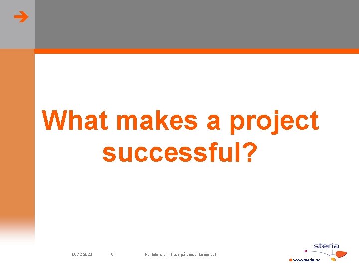  What makes a project successful? 05. 12. 2020 6 Konfidensiell - Navn på