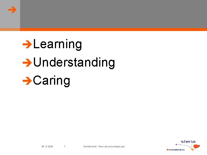  Learning Understanding Caring 05. 12. 2020 7 Konfidensiell - Navn på presentasjon. ppt