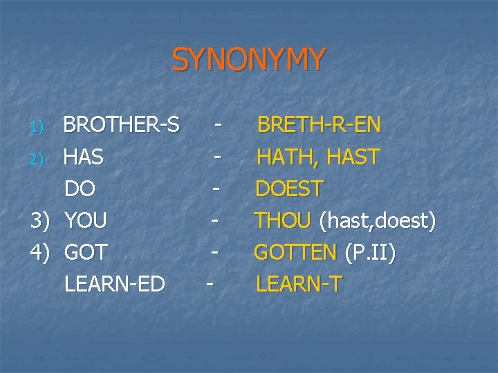 SYNONYMY BROTHER-S 2) HAS DO 3) YOU 4) GOT LEARN-ED 1) - BRETH-R-EN HATH,