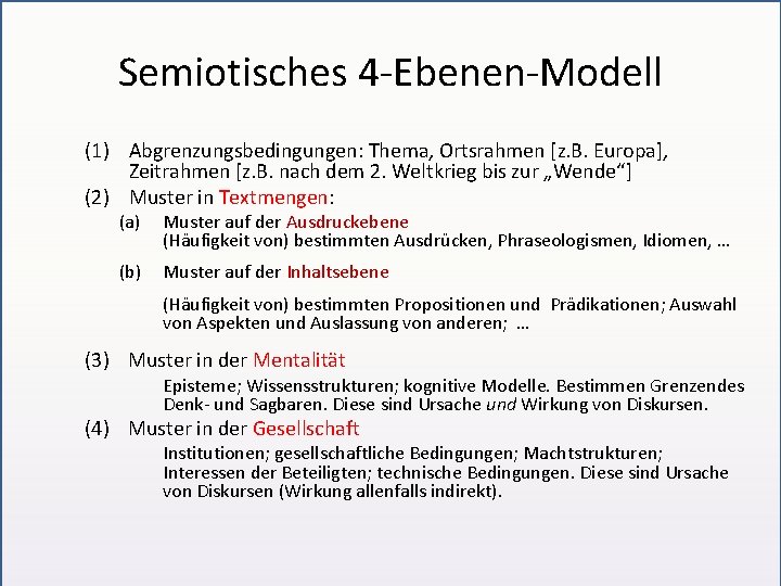 Semiotisches 4 -Ebenen-Modell (1) Abgrenzungsbedingungen: Thema, Ortsrahmen [z. B. Europa], Zeitrahmen [z. B. nach
