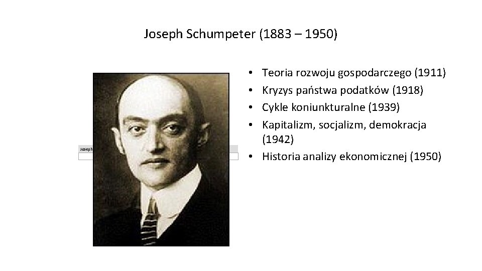 Joseph Schumpeter (1883 – 1950) Teoria rozwoju gospodarczego (1911) Kryzys państwa podatków (1918) Cykle