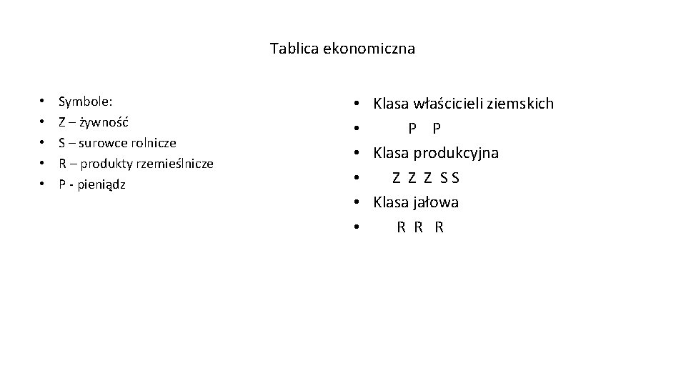 Tablica ekonomiczna • • • Symbole: Z – żywność S – surowce rolnicze R