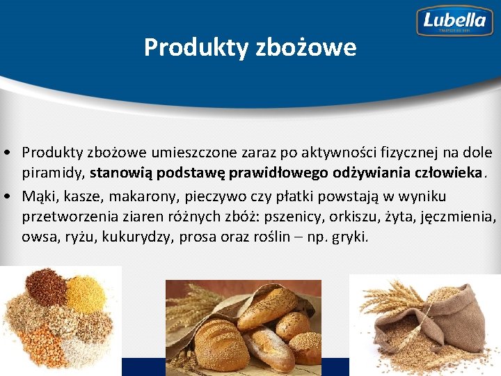 Produkty zbożowe • Produkty zbożowe umieszczone zaraz po aktywności fizycznej na dole piramidy, stanowią