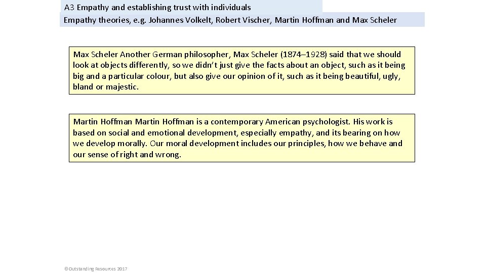 A 3 Empathy and establishing trust with individuals Empathy theories, e. g. Johannes Volkelt,