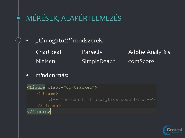 MÉRÉSEK, ALAPÉRTELMEZÉS • „támogatott” rendszerek: Chartbeat Nielsen • minden más: Parse. ly Simple. Reach