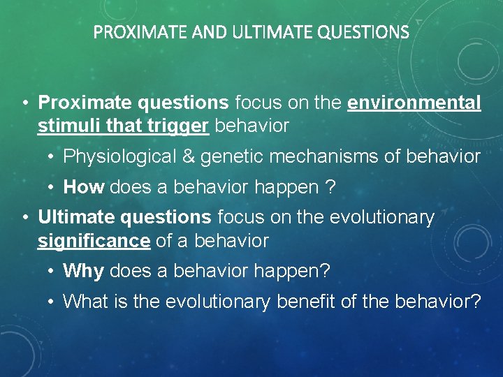 PROXIMATE AND ULTIMATE QUESTIONS • Proximate questions focus on the environmental stimuli that trigger