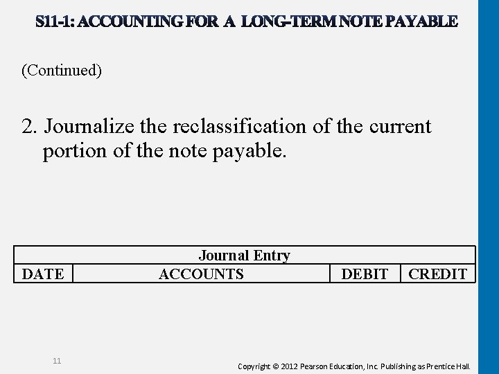 (Continued) 2. Journalize the reclassification of the current portion of the note payable. DATE