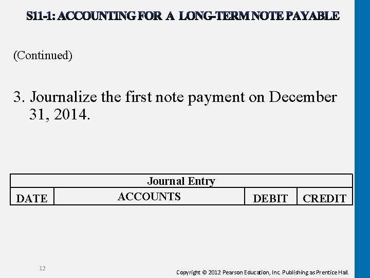 (Continued) 3. Journalize the first note payment on December 31, 2014. DATE 12 Journal