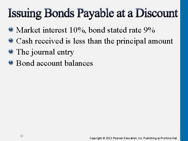 Issuing Bonds Payable at a Discount Market interest 10%, bond stated rate 9% Cash