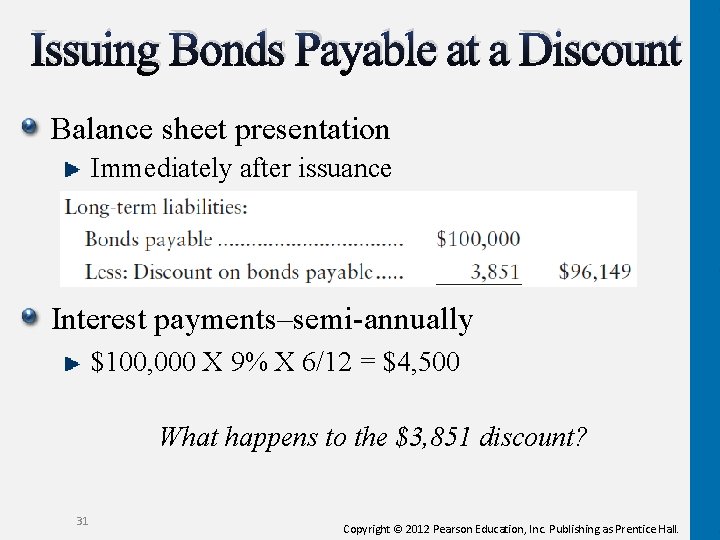Issuing Bonds Payable at a Discount Balance sheet presentation Immediately after issuance Interest payments–semi-annually