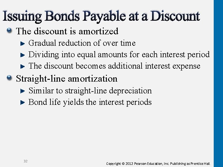 Issuing Bonds Payable at a Discount The discount is amortized Gradual reduction of over