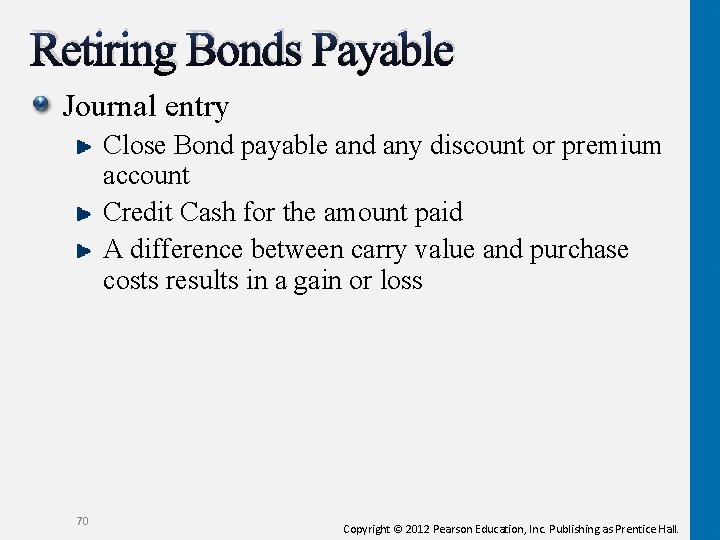 Retiring Bonds Payable Journal entry Close Bond payable and any discount or premium account