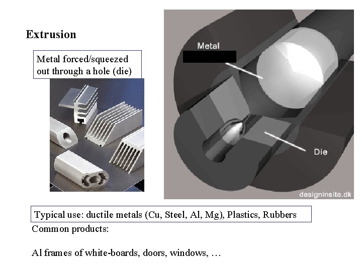 Extrusion Metal forced/squeezed out through a hole (die) [source: www. magnode. com] Typical use: