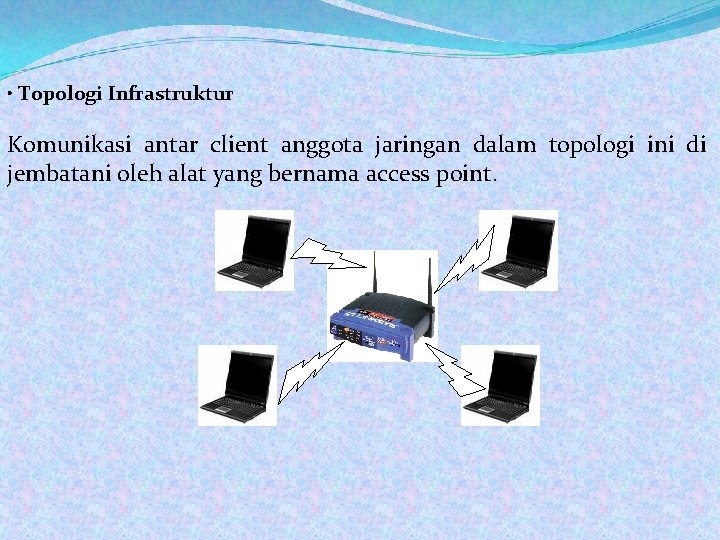  • Topologi Infrastruktur Komunikasi antar client anggota jaringan dalam topologi ini di jembatani