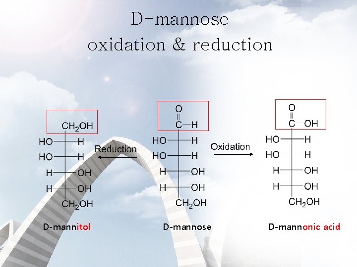 D-mannose oxidation & reduction D-mannitol D-mannose D-mannonic acid 