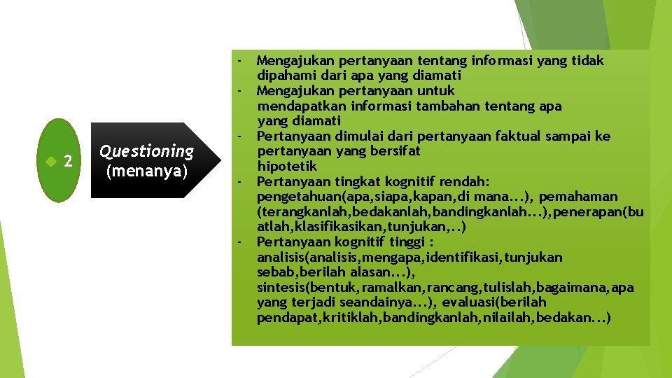 - 2 Questioning (menanya) - - Mengajukan pertanyaan tentang informasi yang tidak dipahami dari