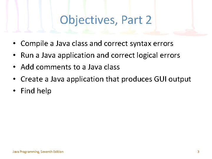 Objectives, Part 2 • • • Compile a Java class and correct syntax errors