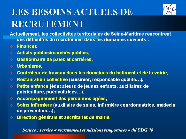 LES BESOINS ACTUELS DE RECRUTEMENT Actuellement, les collectivités territoriales de Seine-Maritime rencontrent des difficultés