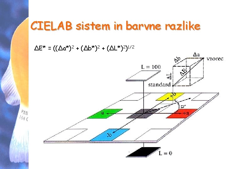 CIELAB sistem in barvne razlike ∆E* = ((∆a*)2 + (∆b*)2 + (∆L*)2)1/2 TGP -