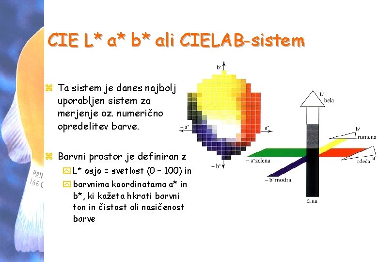 CIE L* a* b* ali CIELAB-sistem z Ta sistem je danes najbolj uporabljen sistem