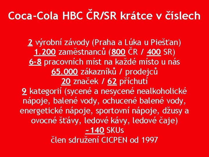 Coca-Cola HBC ČR/SR krátce v číslech 2 výrobní závody (Praha a Lúka u Piešťan)