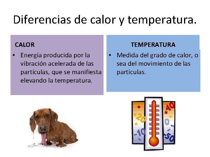 Diferencias de calor y temperatura. CALOR • Energía producida por la vibración acelerada de