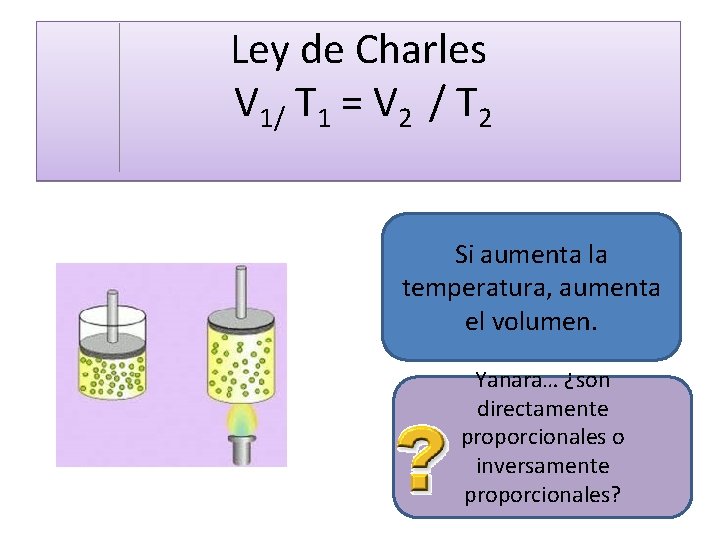 Ley de Charles V 1/ T 1 = V 2 / T 2 Si