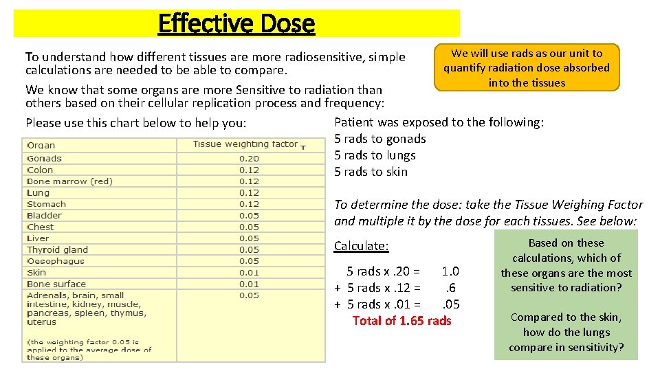 Effective Dose We will use rads as our unit to To understand how different