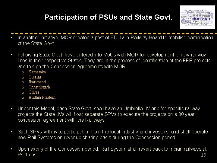 Participation of PSUs and State Govt. • In another initiative, MOR created a post