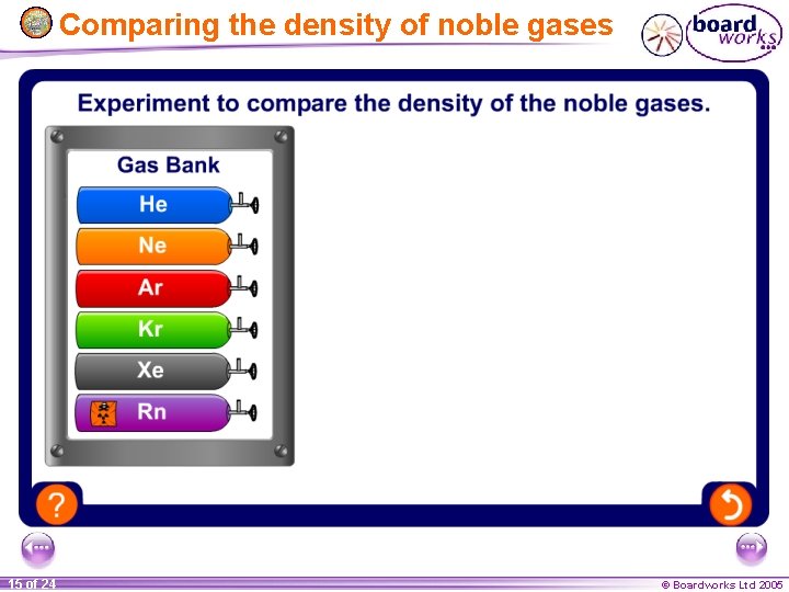 Comparing the density of noble gases 15 of 24 © Boardworks Ltd 2005 