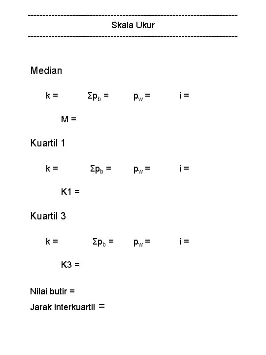 -----------------------------------Skala Ukur ------------------------------------ Median k= Σpb = pw = i= M= Kuartil 1 k=