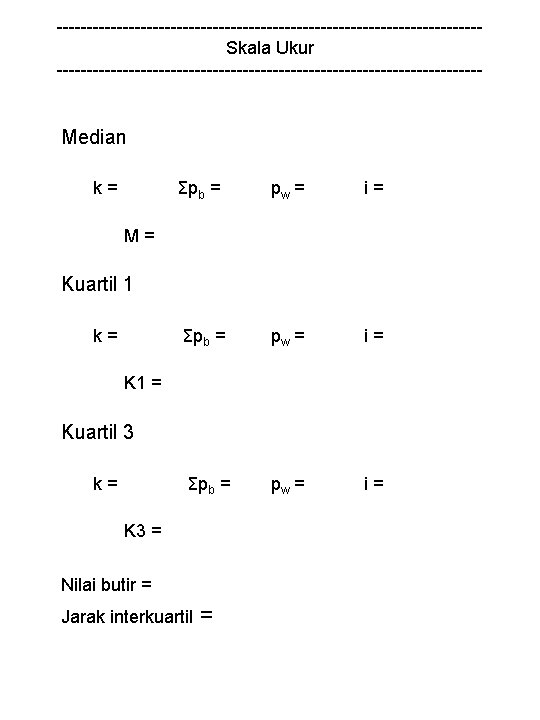 -----------------------------------Skala Ukur ------------------------------------ Median k= Σpb = pw = i= M= Kuartil 1 k=