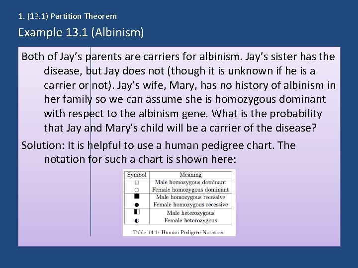 1. (13. 1) Partition Theorem Example 13. 1 (Albinism) Both of Jay’s parents are