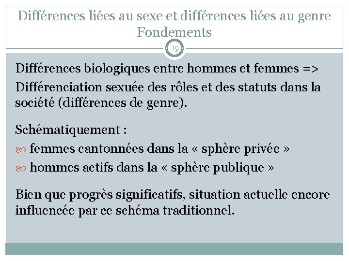 Différences liées au sexe et différences liées au genre Fondements 19 Différences biologiques entre