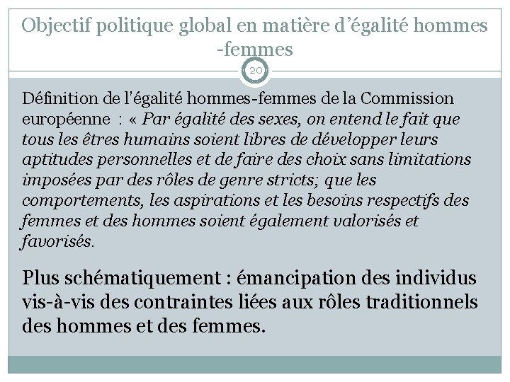 Objectif politique global en matière d’égalité hommes -femmes 20 Définition de l’égalité hommes-femmes de