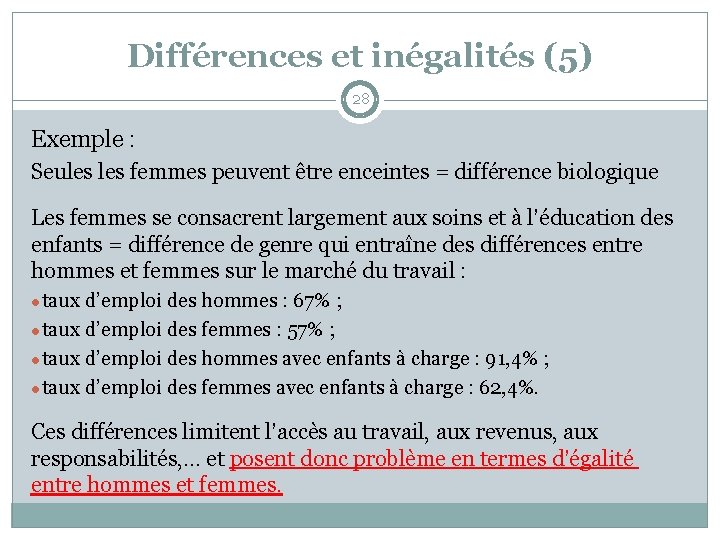 Différences et inégalités (5) 28 Exemple : Seules femmes peuvent être enceintes = différence