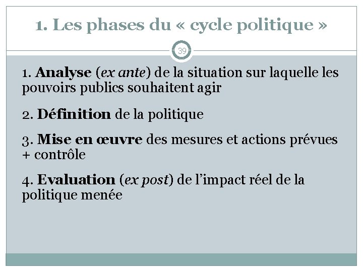 1. Les phases du « cycle politique » 39 1. Analyse (ex ante) de