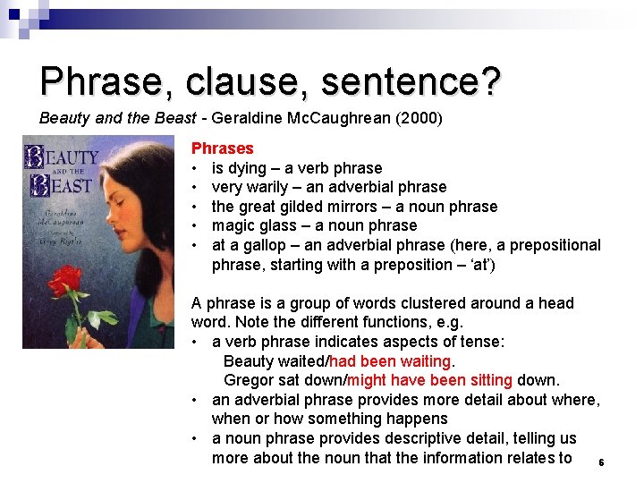 Phrase, clause, sentence? Beauty and the Beast - Geraldine Mc. Caughrean (2000) Phrases •